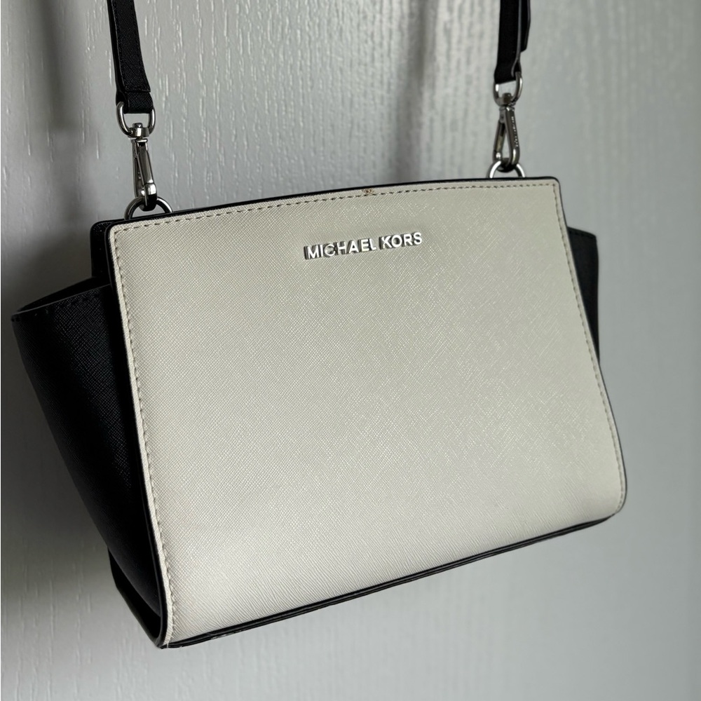 Michael Kors Black and White Selma Mini Messenger Bag